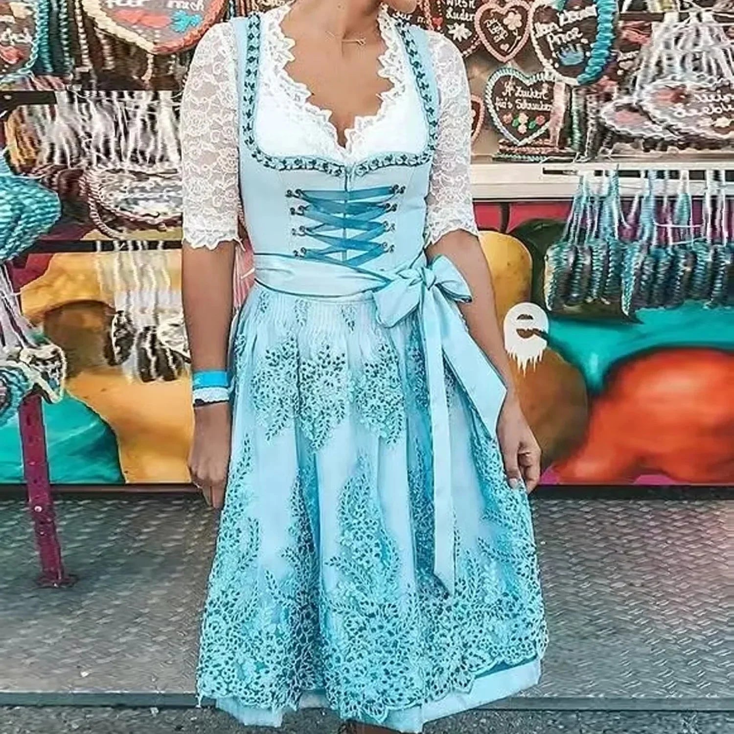Vreni Hellgrün Spitzen-Dirndl Midi-Kleid für Damen | Oktoberfest Festkleid mit Schnürung und Schürze - S/M/L/XL/2XL/3XL/4XL