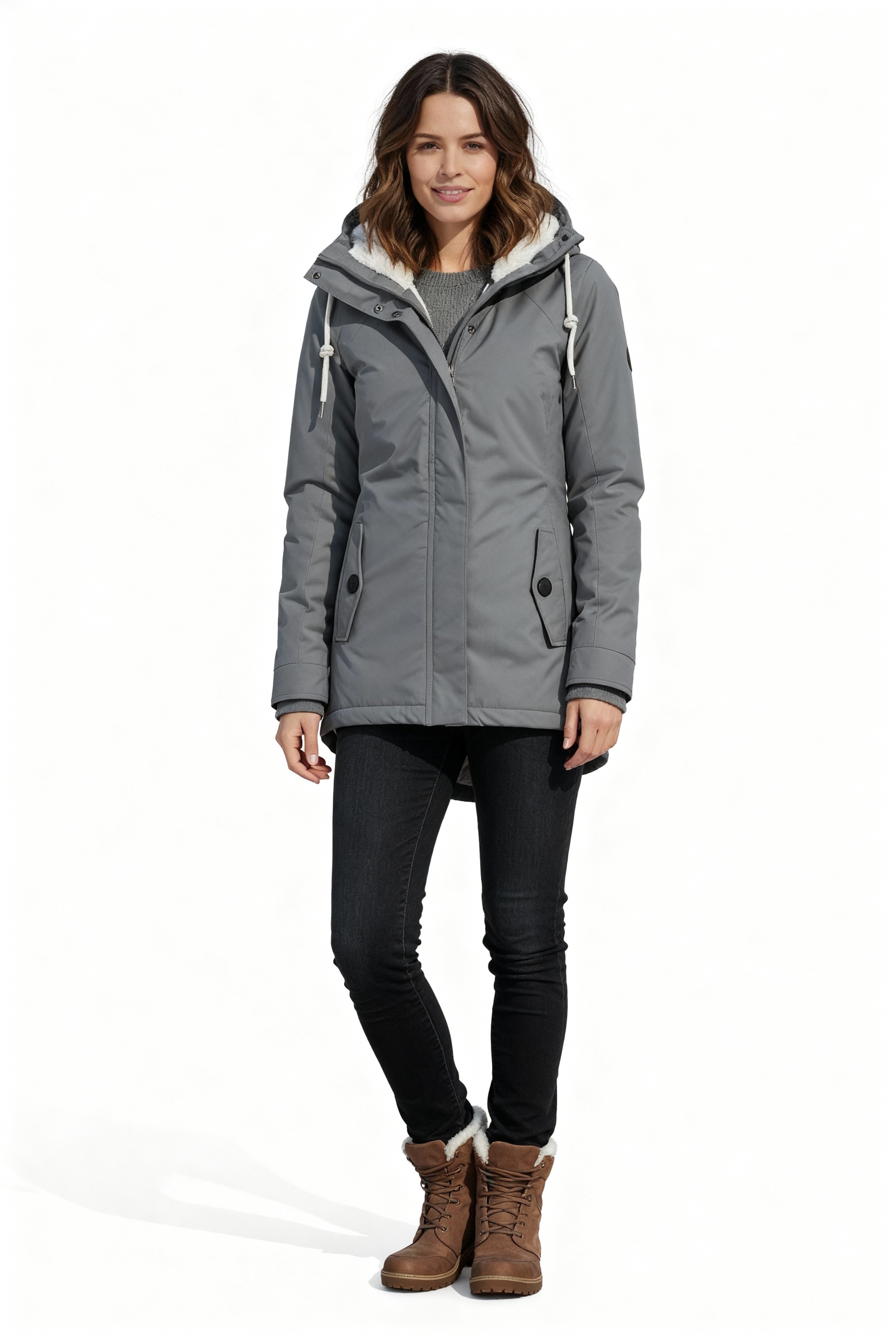 Monika Schwarz Wasserdichte Gefütterte Winterjacke mit Kapuze für Damen | Sherpa-Futter Figurnah Winter - S/M/L/XL/2XL/3XL