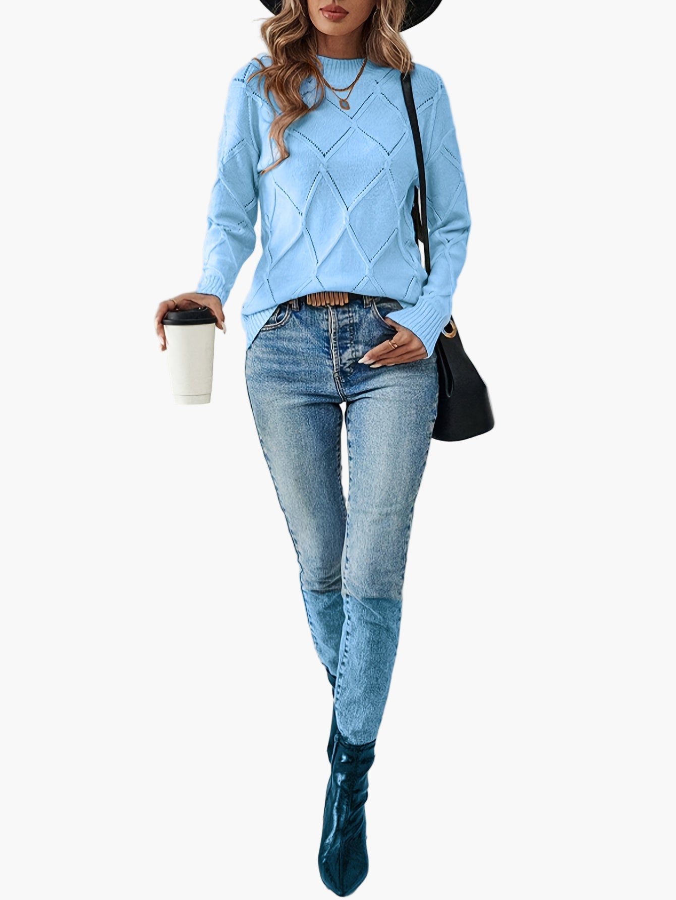 Regina Hellblau Rautenmuster Strickpullover für Damen | Rundhals Casual Büro - S/M/L/XL/2XL