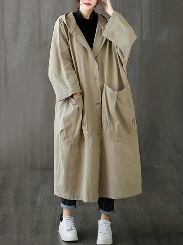Brigitte Beige Wasserdichter Langer Trenchcoat mit Kapuze für Damen | Oversized Casual Herbst - S/M/L/XL/2XL/3XL