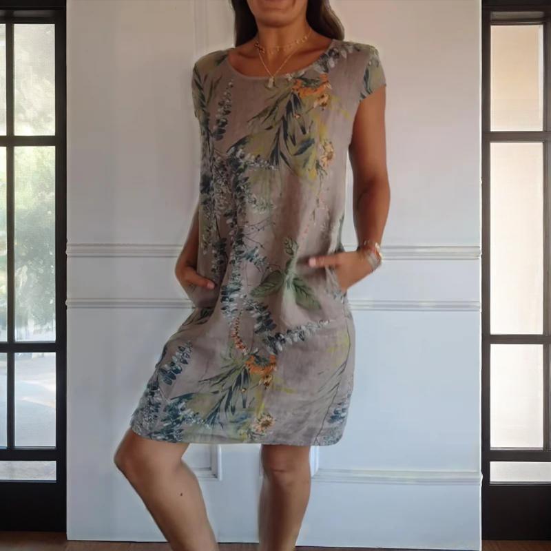 Monika Weiß Botanischer Print Rundhals Sommerkleid für Damen | Leichter Komfort mit Taschen | Alltag & Urlaub - S-4XL