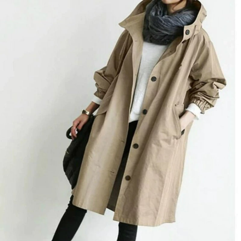 Monika Grau Oversized Trenchcoat mit Kapuze für Damen | Casual Herbststil - S/M/L/XL/2XL/3XL/4XL/5XL