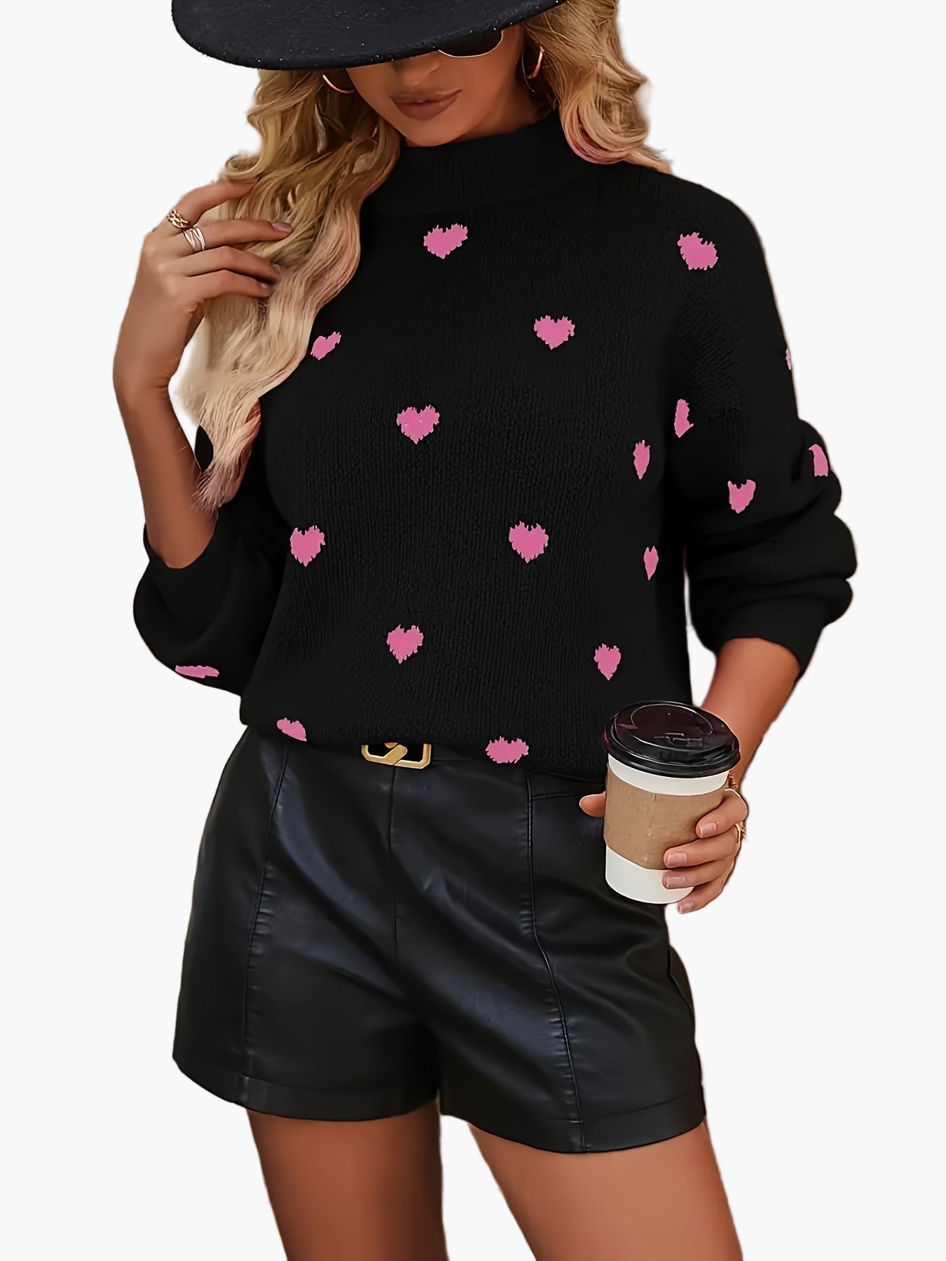 Lotti Schwarz Oversized Strickpullover mit Herzmuster für Damen | Romantischer Casual Stil - XS/S/M/L/XL