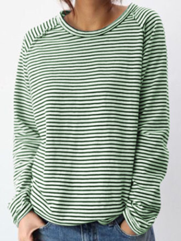 Monika Weiß Gestreiftes Rundhals Langarm-Top für Damen | Lockere Passform Lässiger Stil | Alltag & Freizeit - S/M