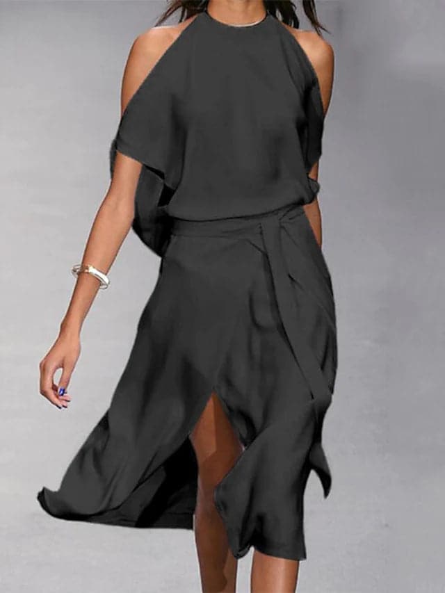 Nadine Grau Cold-Shoulder Midikleid für Damen | Fliessender Schnitt mit Bindegürtel | Elegantes Sommerkleid - S/M/L/XL/2XL
