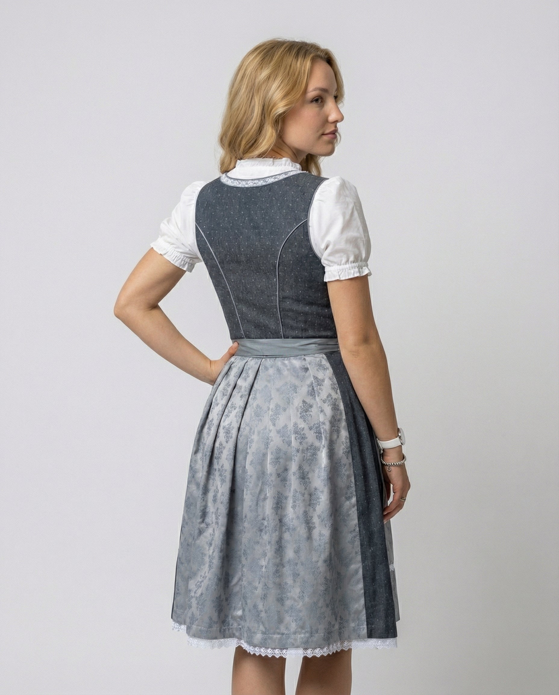 Wilhelmine Grau-Blau Midi Dirndl 3-teilig für Damen | Trachtenkleid Oktoberfest Stickerei - XS/S/M/L/XL/2XL/3XL/4XL