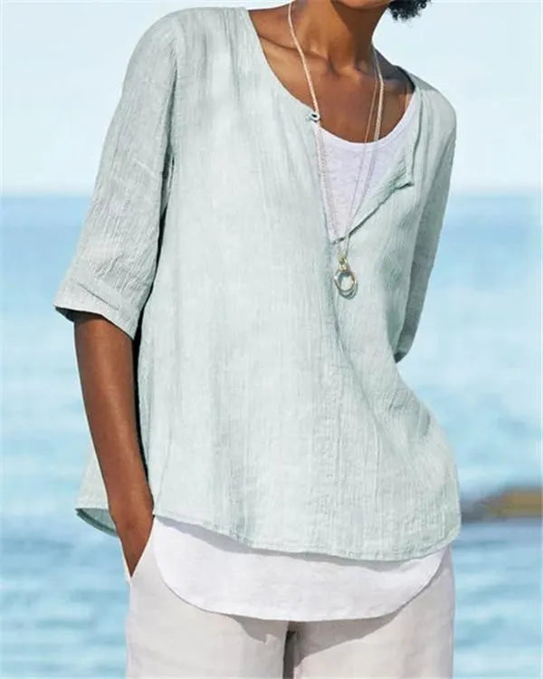 Monika Grün Leinenoptik Bluse für Damen | Leicht Entspannte Passform | Alltag & Urlaub - S-3XL