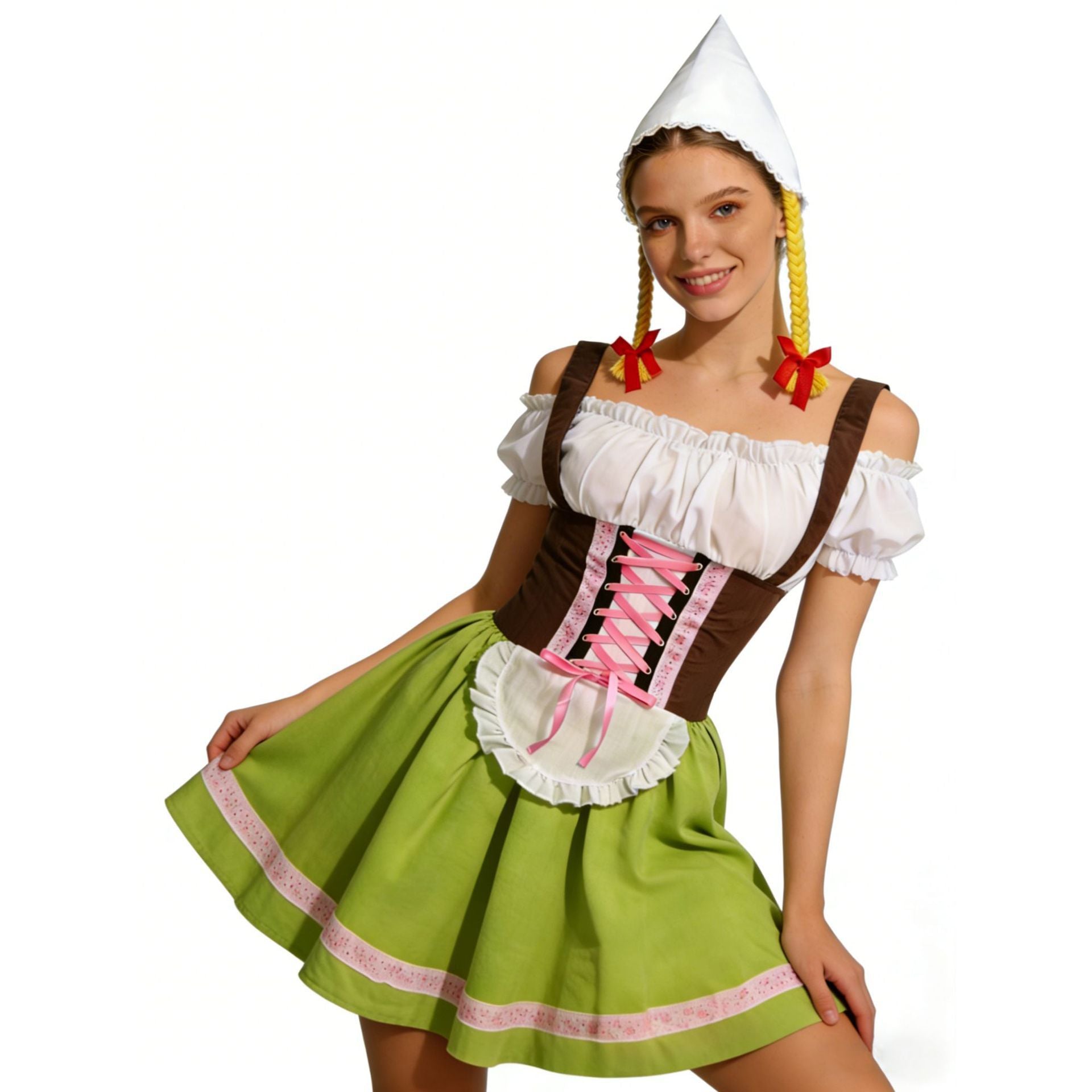 Vreni Grün Schulterfreies Dirndl Kostüm mit Schürze und Mütze für Damen | Oktoberfest Volksfest - S/M/L/XL/2XL/3XL