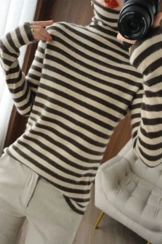 Monika Braun-Crème Gestreifter Rollkragenpullover für Damen | Weicher Slim-Fit | Herbst & Winter - M-4XL