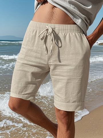 Roland Khaki Leinenoptik Shorts für Herren | Elastischer Bund Casual Fit | Urlaub und Freizeit - S/M/L/XL/2XL