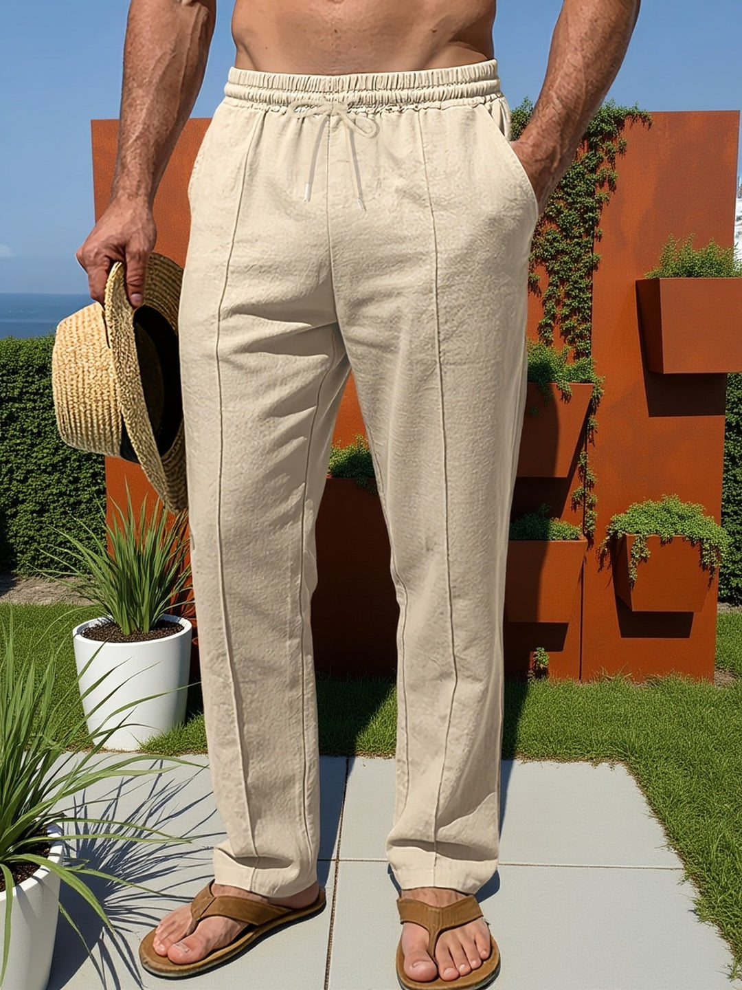 Kurt Khaki Straight Fit Leinenoptik Sommerhose für Herren | Elastischer Bund Casual Stil - S/M/L/XL/2XL/3XL