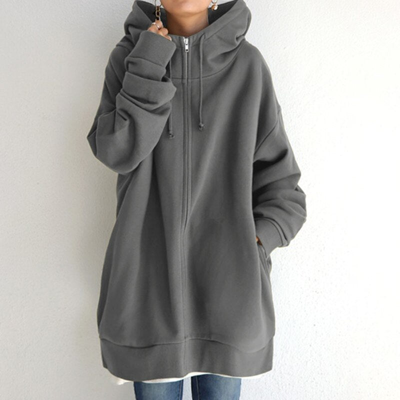 Agnes Grau Oversized Longline Zip-Hoodie-Jacke mit Kapuze für Damen | Winter Casual - S/M/L/XL/2XL/3XL/4XL/5XL