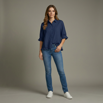 Monika Marineblau Rüschen-Saum Baumwoll-Leinen Hemd für Damen | Lockere Passform | Feminin und Vielseitig - S-5XL