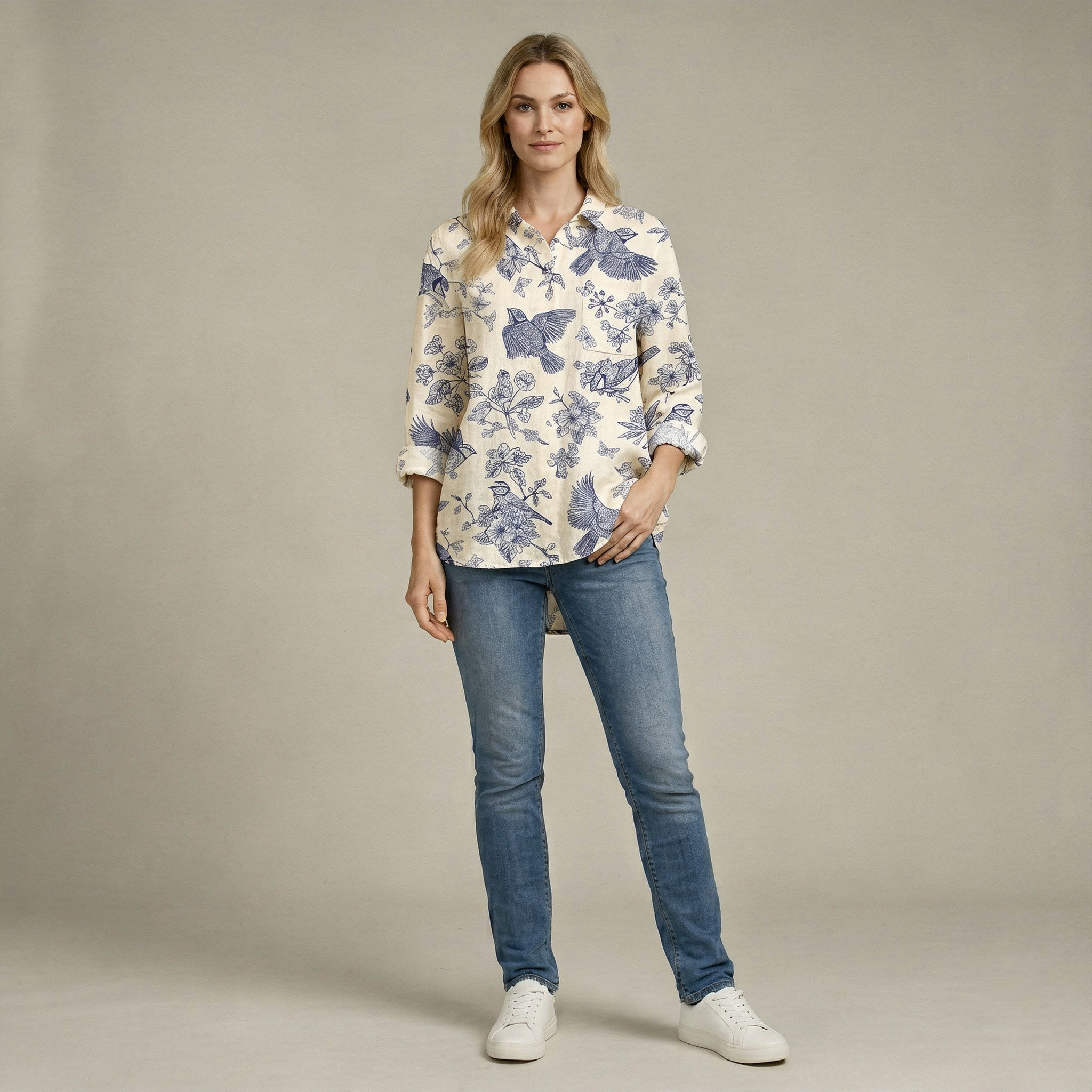 Vreni Grün Natur-Print Bluse für Damen | Leichte Baumwoll-Leinen Passform | Alltag & Freizeit - M/L/XL/2XL/3XL/4XL