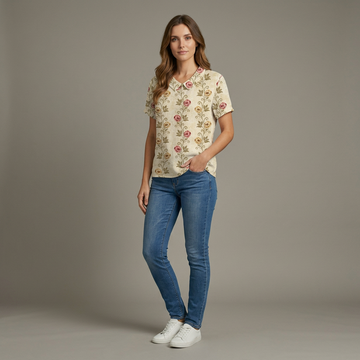 Monika Khaki Floral Peter-Pan-Kragen Bluse für Damen | Leichte Entspannte Passform | Alltag & Sommer - S/M/L/XL/2XL