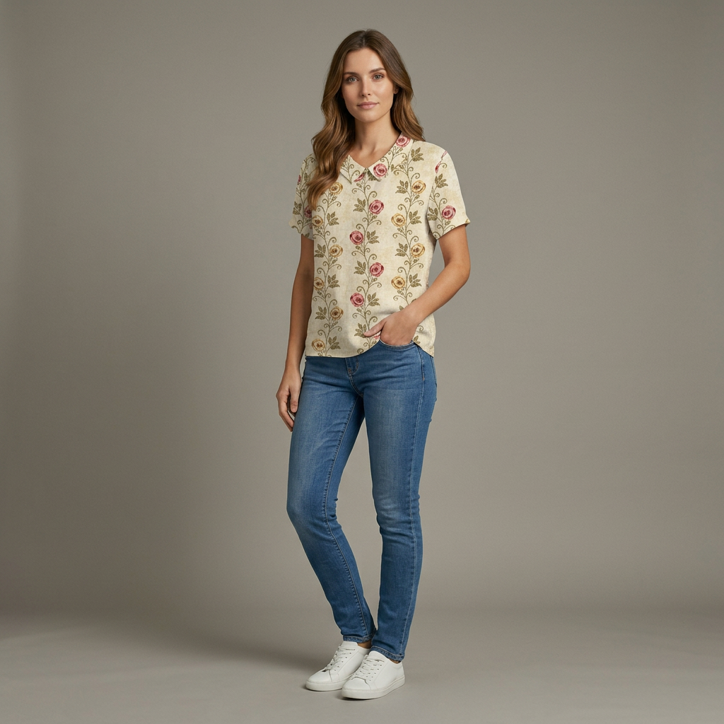 Monika Khaki Floral Leinen Bluse für Damen | Luftig Lässiger Stil | Sommerbluse - S/M/L/XL/2XL