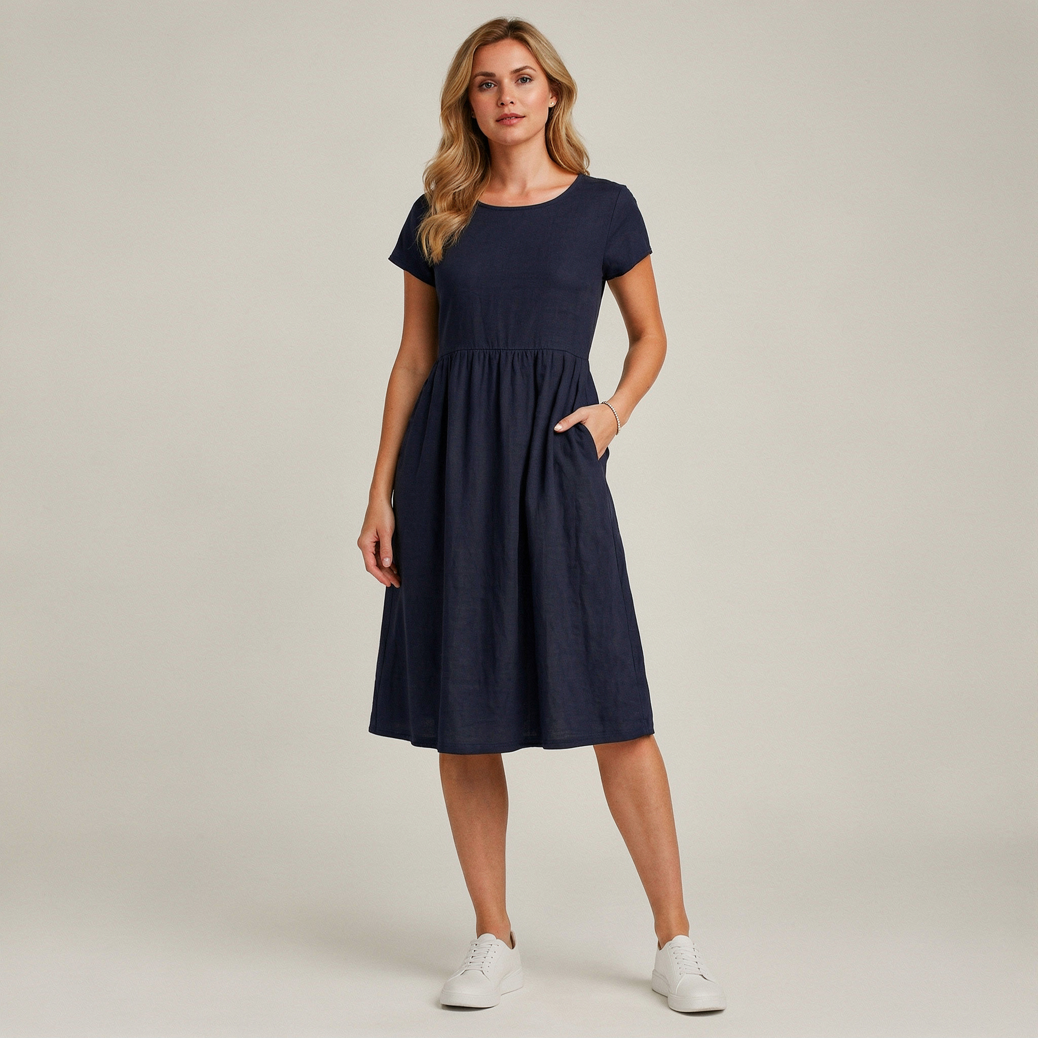 Monika Schwarz Kurzarm Kleid mit Rundhals und Taschen für Damen | Leichter Sommerkomfort | Alltag und Urlaub - S/M/L/XL/2XL