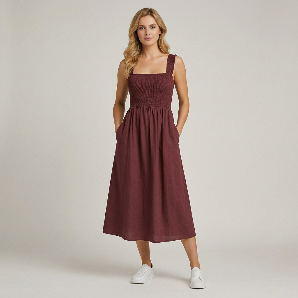 Monika Schwarz Smocked Square-Neck Midi Kleid für Damen | Eleganter A-Linien-Schnitt | Mit Taschen - S-XL