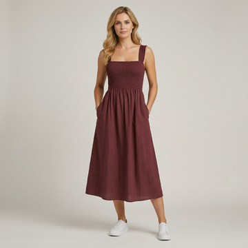 Monika Schwarz Smocked Square-Neck Midi Kleid für Damen | Eleganter A-Linien-Schnitt | Mit Taschen - S-XL