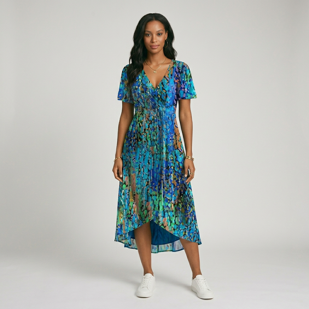 Monika Blau Bedrucktes V-Ausschnitt Sommerkleid für Damen | Leicht Fliessend | Sommerurlaub - S-3XL