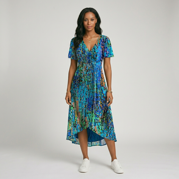 Monika Blau Bedrucktes V-Ausschnitt Sommerkleid für Damen | Leicht Fliessend | Sommerurlaub - S-3XL