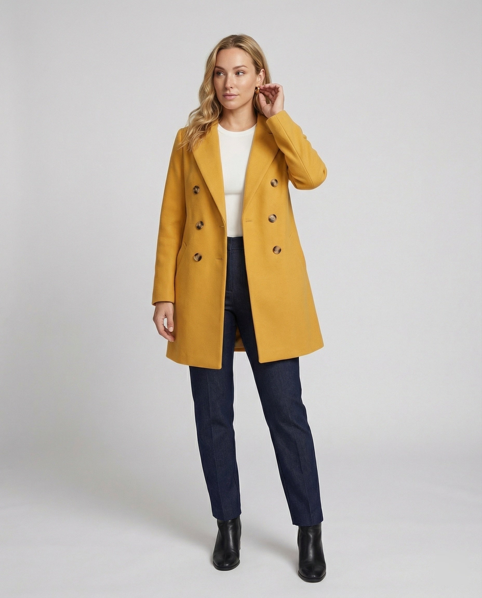 Gerda Gelb Zweireihiger Knierlanger Mantel für Damen | Eleganter Herbstmantel mit Revers - S/M/L/XL/2XL/XXXL/4XL/5XL