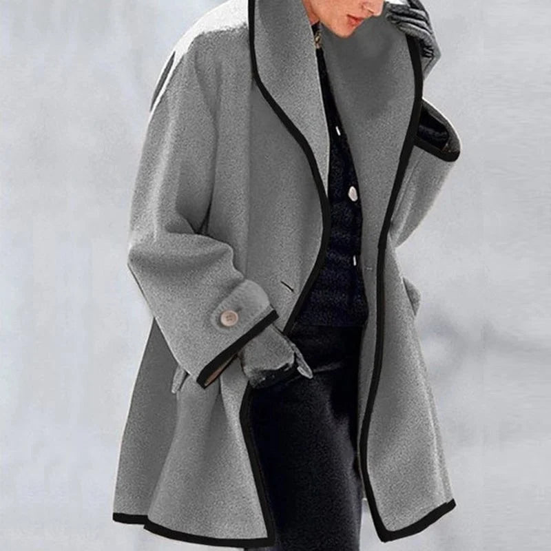 Emma Blau Eleganter Wollmix-Mantel für Damen | Kontrastbesatz Oversized Winter Stil - S/M/L/XL/2XL/3XL/4XL/5XL