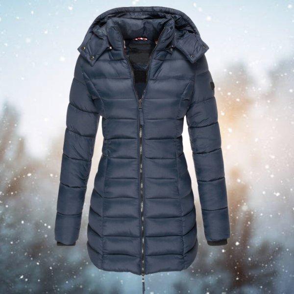 Monika Marineblau Gesteppte Lange Daunenjacke mit Kapuze für Damen | Isoliert Winter Tailliert - S/M/L/XL/2XL/3XL