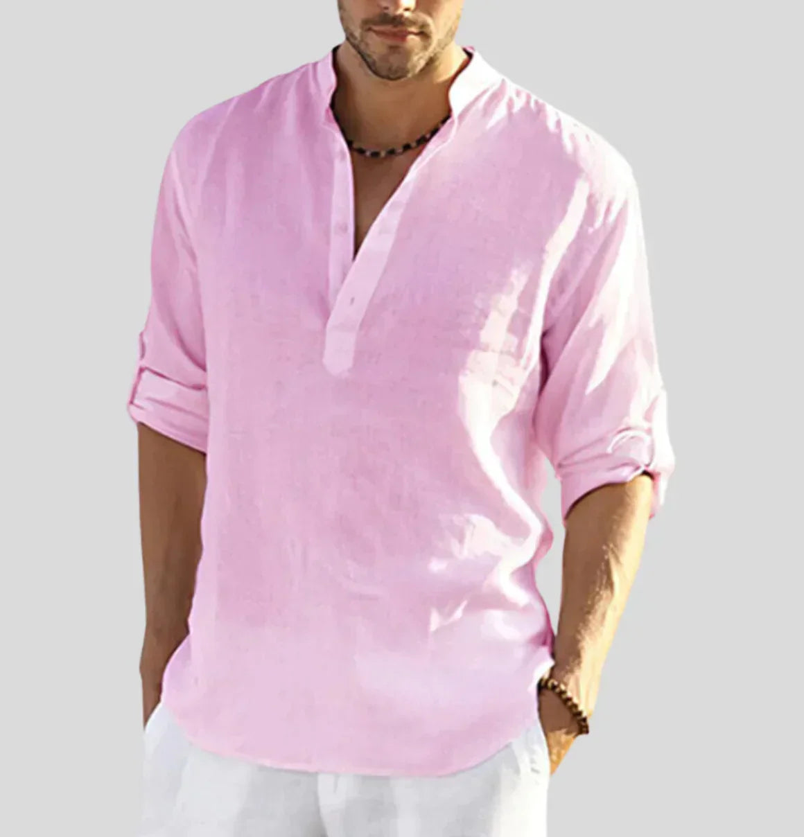 Walter Weiß Leinenhemd mit Stehkragen für Herren | Atmungsaktiv Entspannter Stil | Sommer Freizeitlook - XS/S/M/L/XL/2XL/3XL/4XL