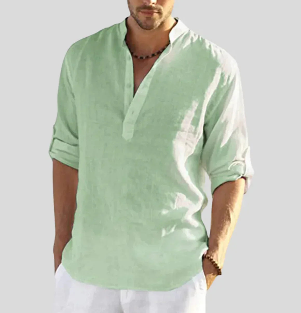Walter Weiß Leinenhemd mit Stehkragen für Herren | Atmungsaktiv Entspannter Stil | Sommer Freizeitlook - XS/S/M/L/XL/2XL/3XL/4XL