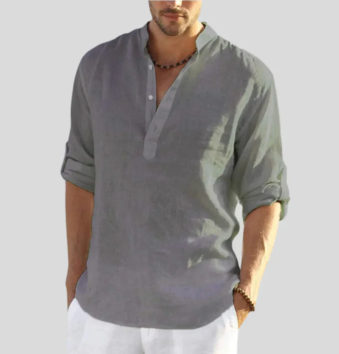 Walter Weiß Leinenhemd mit Stehkragen für Herren | Atmungsaktiv Entspannter Stil | Sommer Freizeitlook - XS/S/M/L/XL/2XL/3XL/4XL
