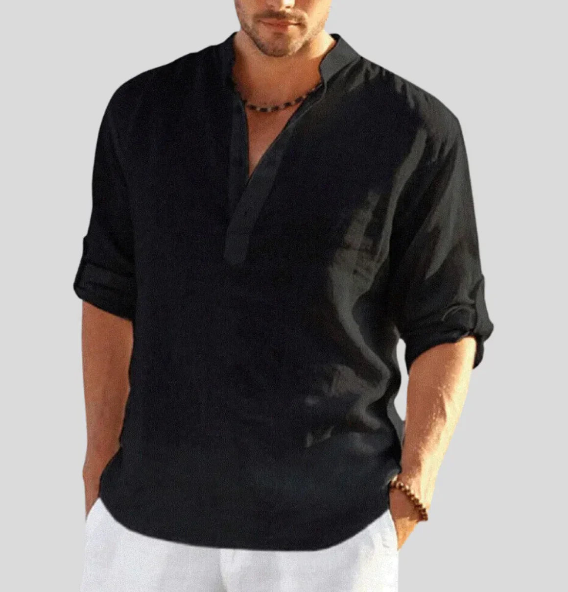 Walter Weiß Leinenhemd mit Stehkragen für Herren | Atmungsaktiv Entspannter Stil | Sommer Freizeitlook - XS/S/M/L/XL/2XL/3XL/4XL