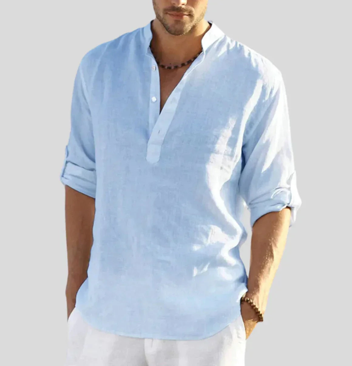 Walter Weiß Leinenhemd mit Stehkragen für Herren | Atmungsaktiv Entspannter Stil | Sommer Freizeitlook - XS/S/M/L/XL/2XL/3XL/4XL