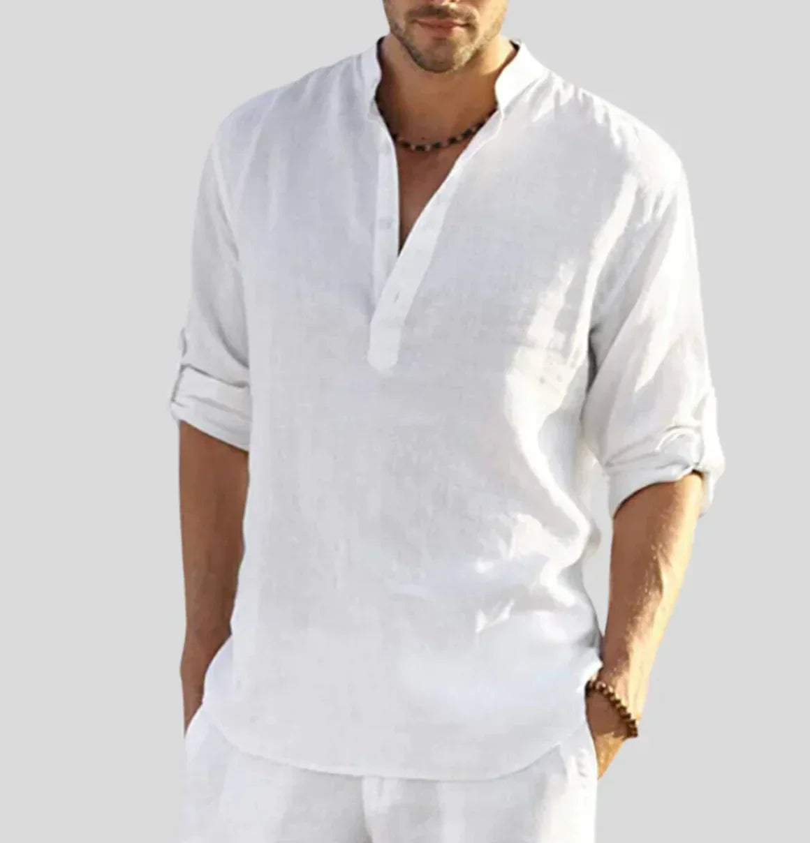 Walter Weiß Leinenhemd mit Stehkragen für Herren | Atmungsaktiv Entspannter Stil | Sommer Freizeitlook - XS/S/M/L/XL/2XL/3XL/4XL