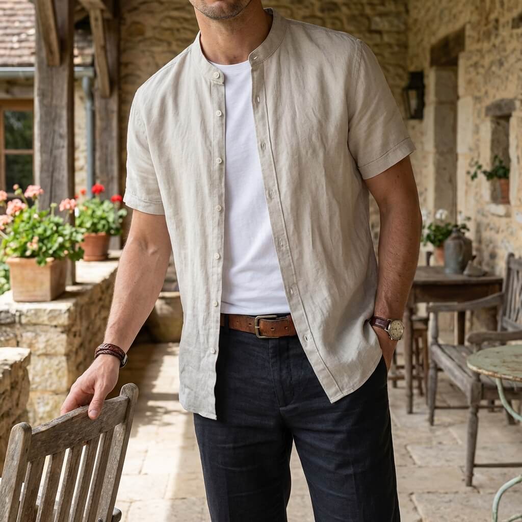 Hansruedi Elfenbein Leinenoptik Kurzarm-Hemd für Herren mit Stehkragen | Leichter Casual Fit | Sommer - S/M/L/XL/2XL