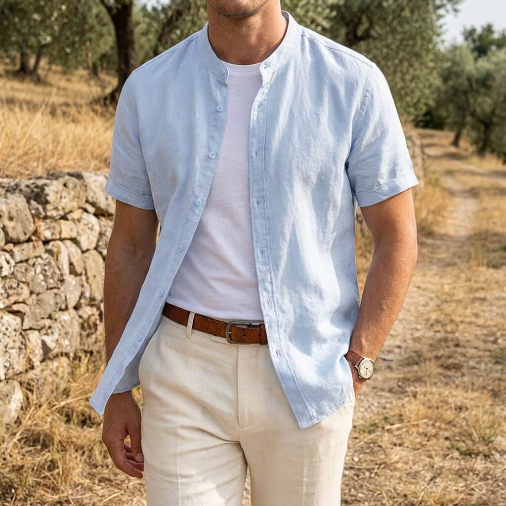 Hansruedi Elfenbein Leinenoptik Kurzarm-Hemd für Herren mit Stehkragen | Leichter Casual Fit | Sommer - S/M/L/XL/2XL