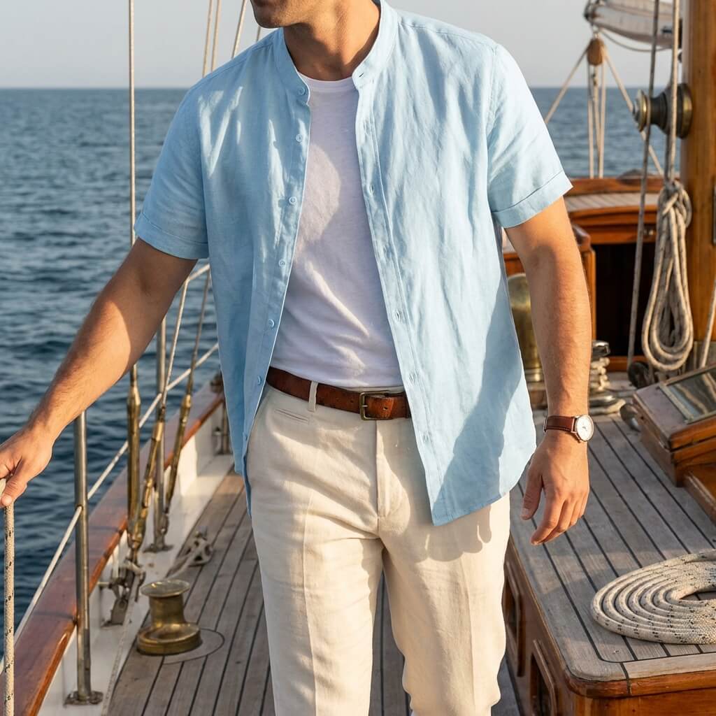 Hansruedi Elfenbein Leinenoptik Kurzarm-Hemd für Herren mit Stehkragen | Leichter Casual Fit | Sommer - S/M/L/XL/2XL