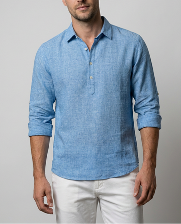 Stefan Hellblau Leinenoptik Popover-Hemd für Herren | Lockerer Schnitt Sommerhemd | Roll-Tab-Ärmel | Urlaub - S/M/L/XL/2XL/3XL