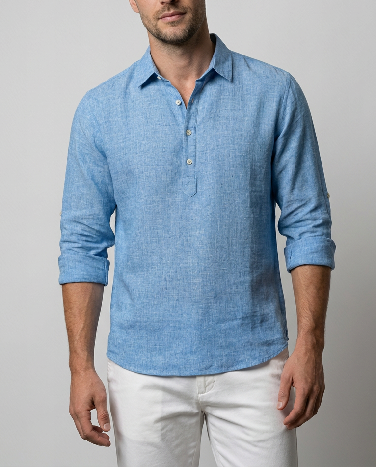 Stefan Hellblau Leinenoptik Popover-Hemd für Herren | Lockerer Schnitt Sommerhemd | Roll-Tab-Ärmel | Urlaub - S/M/L/XL/2XL/3XL