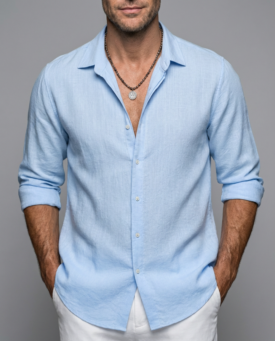 Beat Helles Blau Leinen Langarmhemd Herren | Atmungsaktiv Lässiger Fit | Sommer Urlaub - S/M/L/XL/2XL/3XL