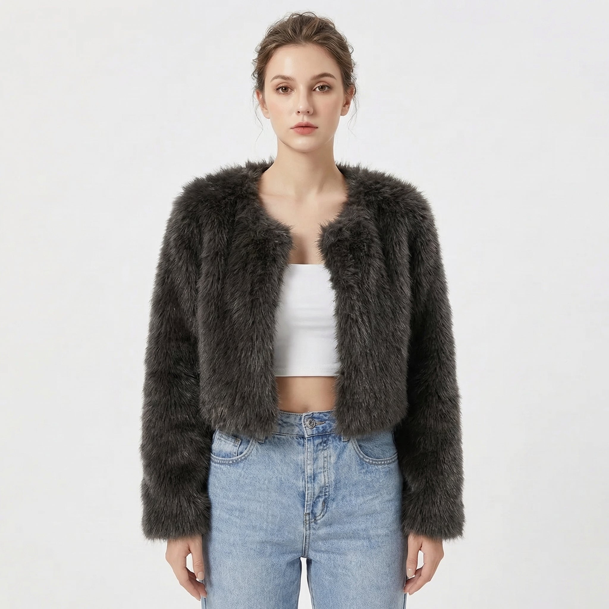 Vreni Weiss Kurze Kunstfell-Jacke für Damen | Elegant Warm Casual Winter - S/M/L/XL/2XL