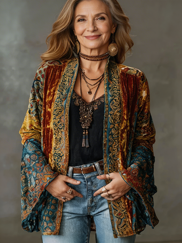 Renate Burgunderrot Bedruckte Samt-Kimono-Jacke für Damen | Boho Vintage Stil - XS/S/M/L/XL