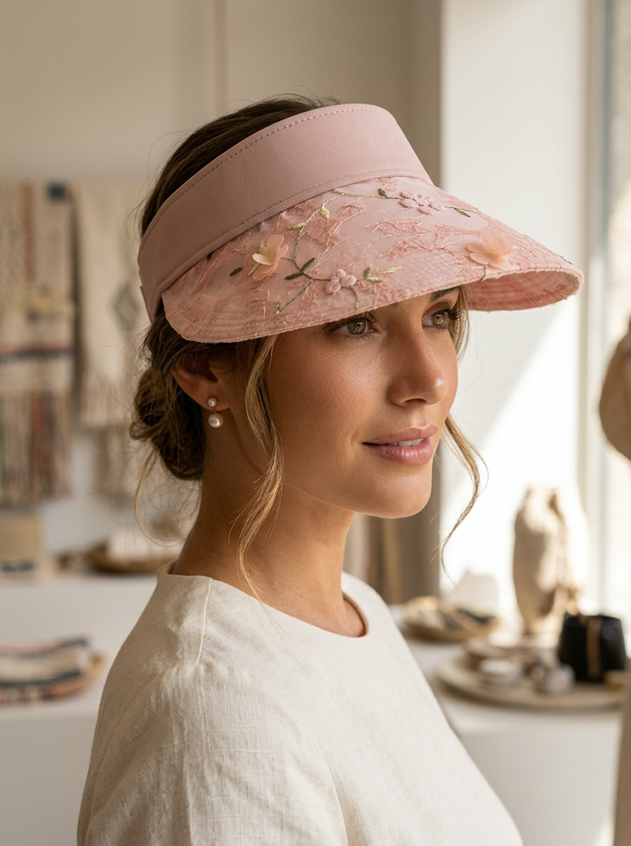 Anita Rosa Geblümter Sonnenvisor für Damen | Spitzenbesatz Blumenapplikation UV-Schutz Sommer