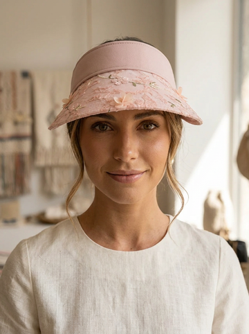 Anita Rosa Geblümter Sonnenvisor für Damen | Spitzenbesatz Blumenapplikation UV-Schutz Sommer