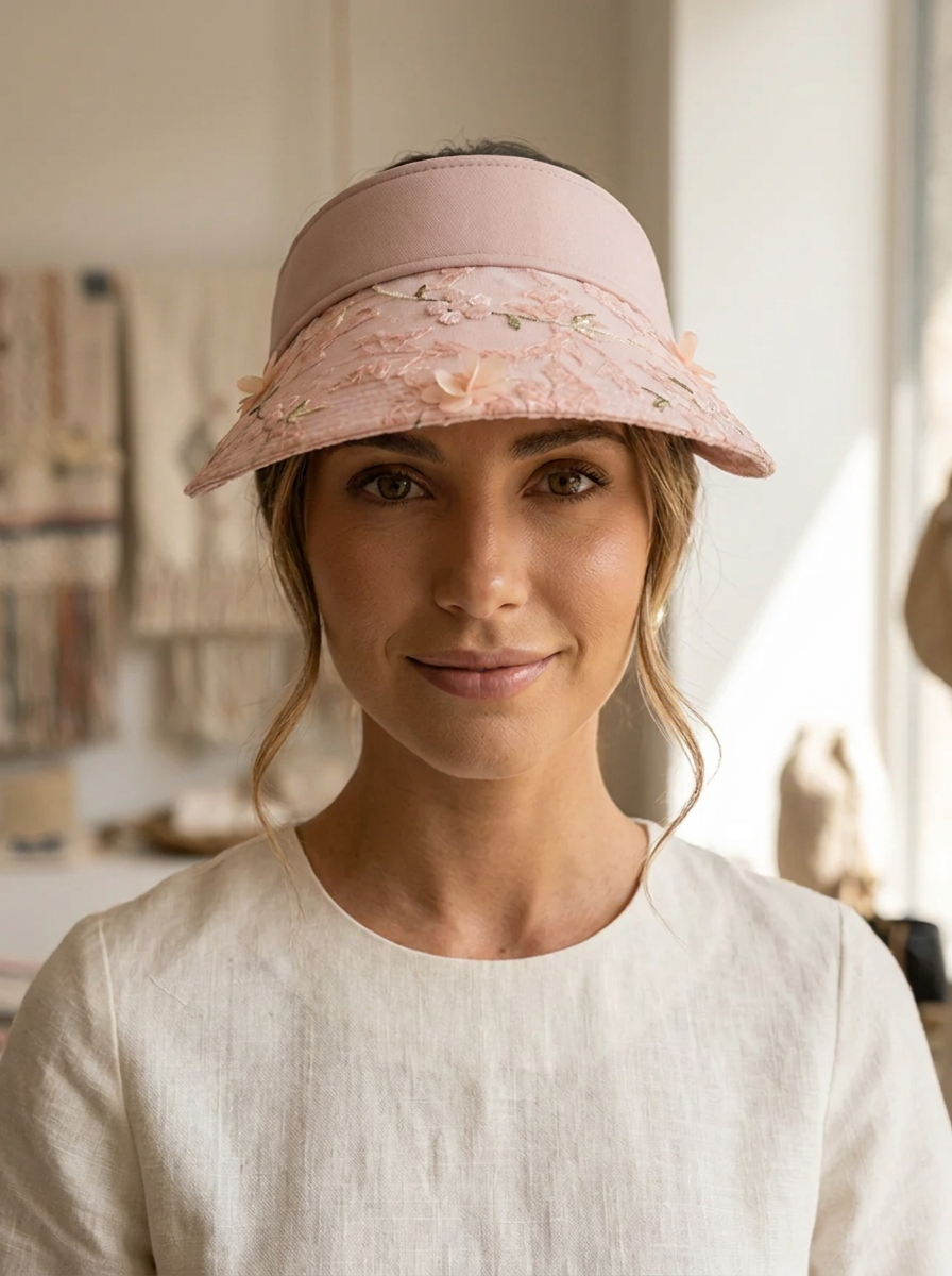 Anita Rosa Geblümter Sonnenvisor für Damen | Spitzenbesatz Blumenapplikation UV-Schutz Sommer