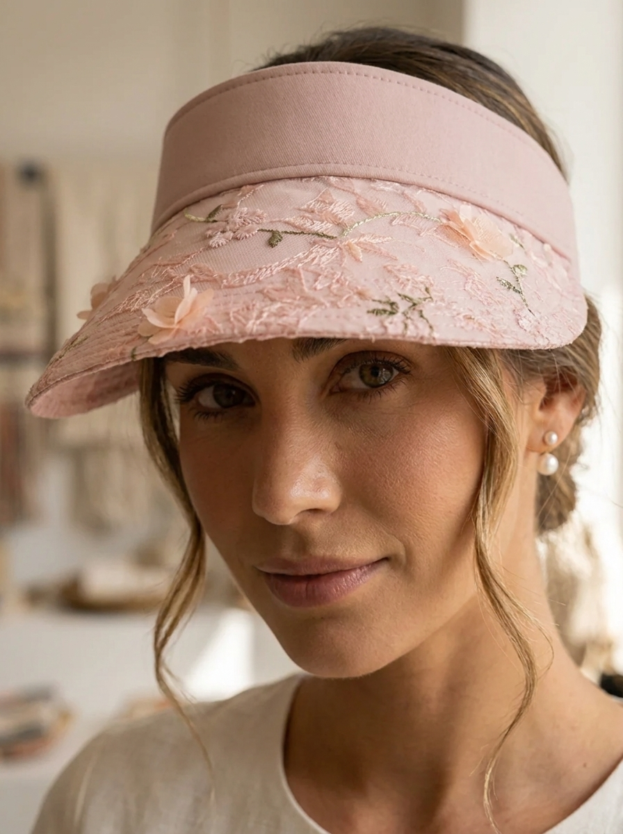 Anita Rosa Geblümter Sonnenvisor für Damen | Spitzenbesatz Blumenapplikation UV-Schutz Sommer