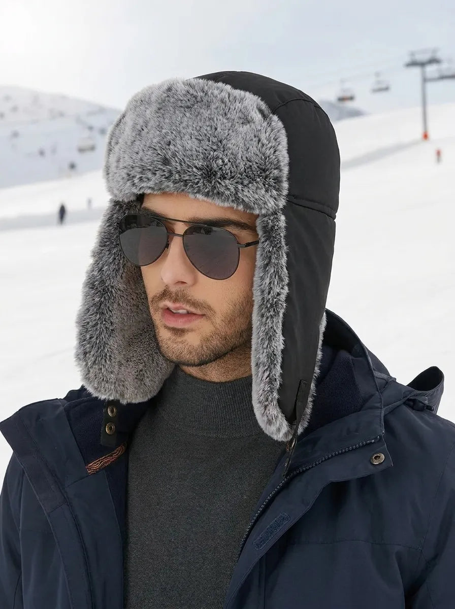 Hansruedi Schwarz Wasserdichte Winddichte Fliegermütze mit Ohrenklappen für Herren | Kunstfell Winter Wintersport - Einheitsgrösse