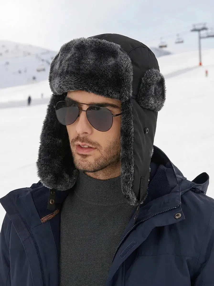 Hansruedi Schwarz Wasserdichte Winddichte Fliegermütze mit Ohrenklappen für Herren | Kunstfell Winter Wintersport - Einheitsgrösse