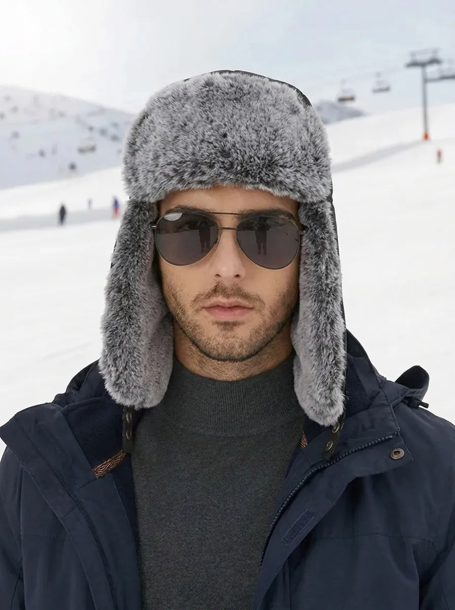 Hansruedi Schwarz Wasserdichte Winddichte Fliegermütze mit Ohrenklappen für Herren | Kunstfell Winter Wintersport - Einheitsgrösse
