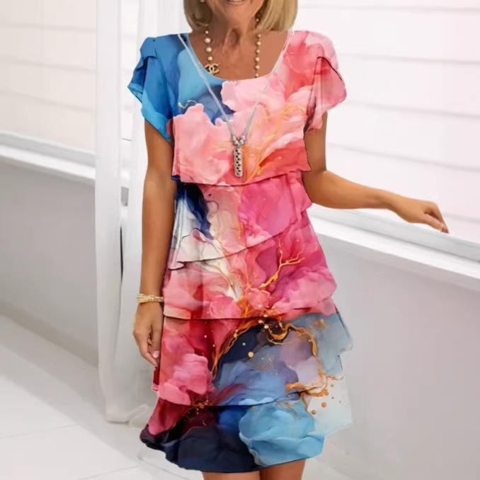 Vreni Beige Floral Layered Ruffle Dress for Women | Leichtes Sommerkleid | Eleganter Lagenlook - S/M/L/XL/2XL/3XL